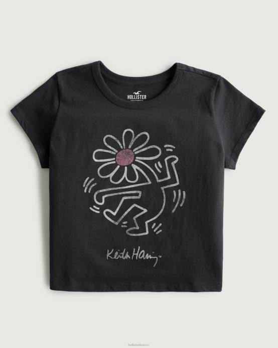 atsipalaidavęs Keith Haring meno grafikos marškinėliai juodas moterys Hollister viršūnės RDJ0W416