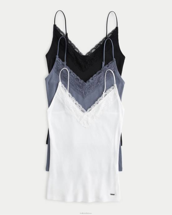 nėrinių apdaila V-neck Cami 3 pak juoda-tamsiai mėlyna-balta moterys Hollister viršūnės RDJ0W66